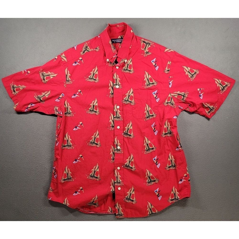 Roundtree & Yorke Mens LT Red Sailboat Graphic Print Button Down Shirt Short Slv